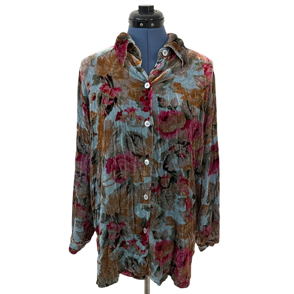 Vtg Soft Surroundings Silk Velvet Blue Pink Floral Button Down Blouse Romantic M